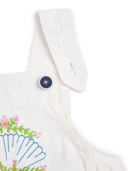 Knit N Knot Girls White Embroidered Denim Dungaree Dress | Adjustable Straps, Bib Pocket, Casual & Party | Soft Cotton-Rich Jeans Overall for Kids and Teenagers