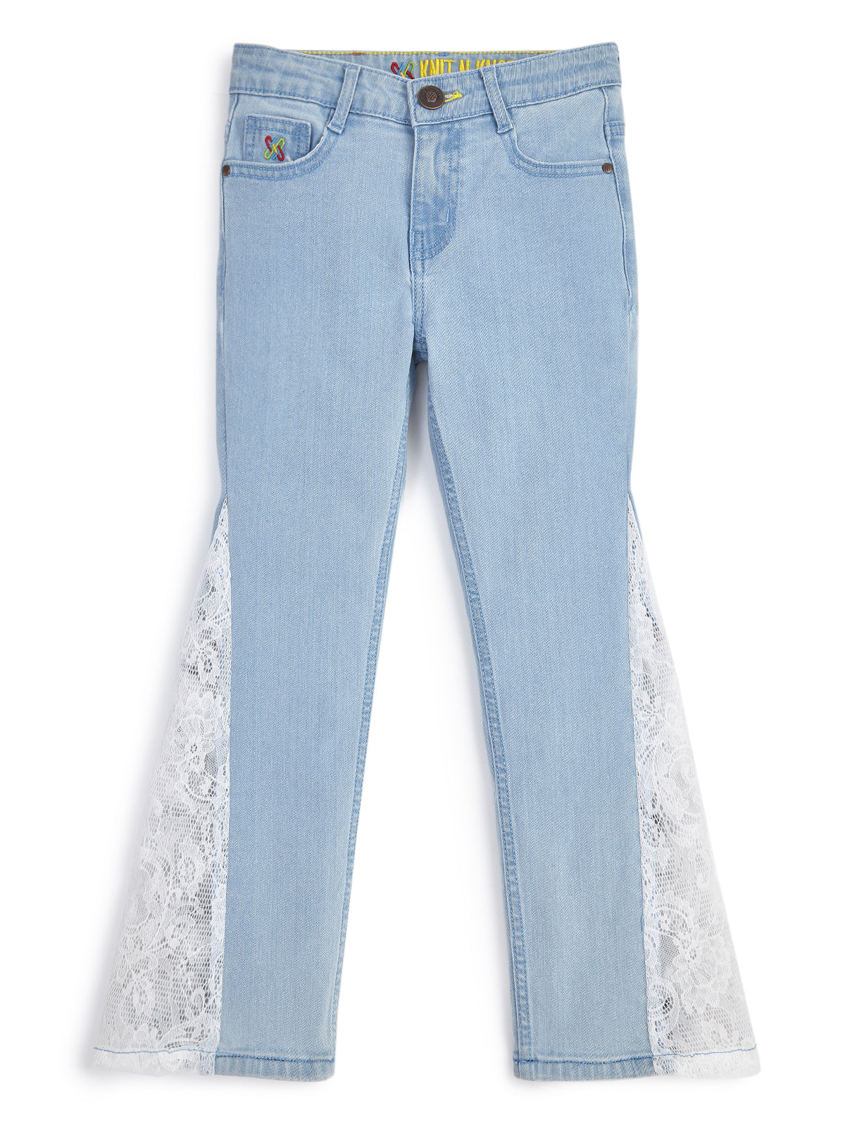 Knit N Knot Girls Bell Bottom Jeans with Lace Panels | Light Blue Flared Denim Jeans for Girls | Stylish Casual Low Waist Wide Leg Jeans for Kids