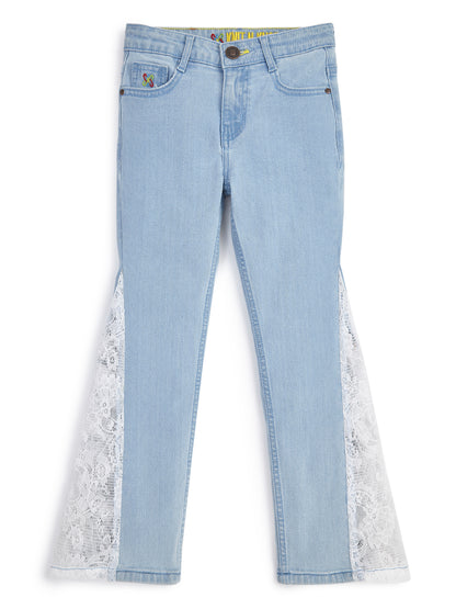 Knit N Knot Girls Bell Bottom Jeans with Lace Panels | Light Blue Flared Denim Jeans for Girls | Stylish Casual Low Waist Wide Leg Jeans for Kids