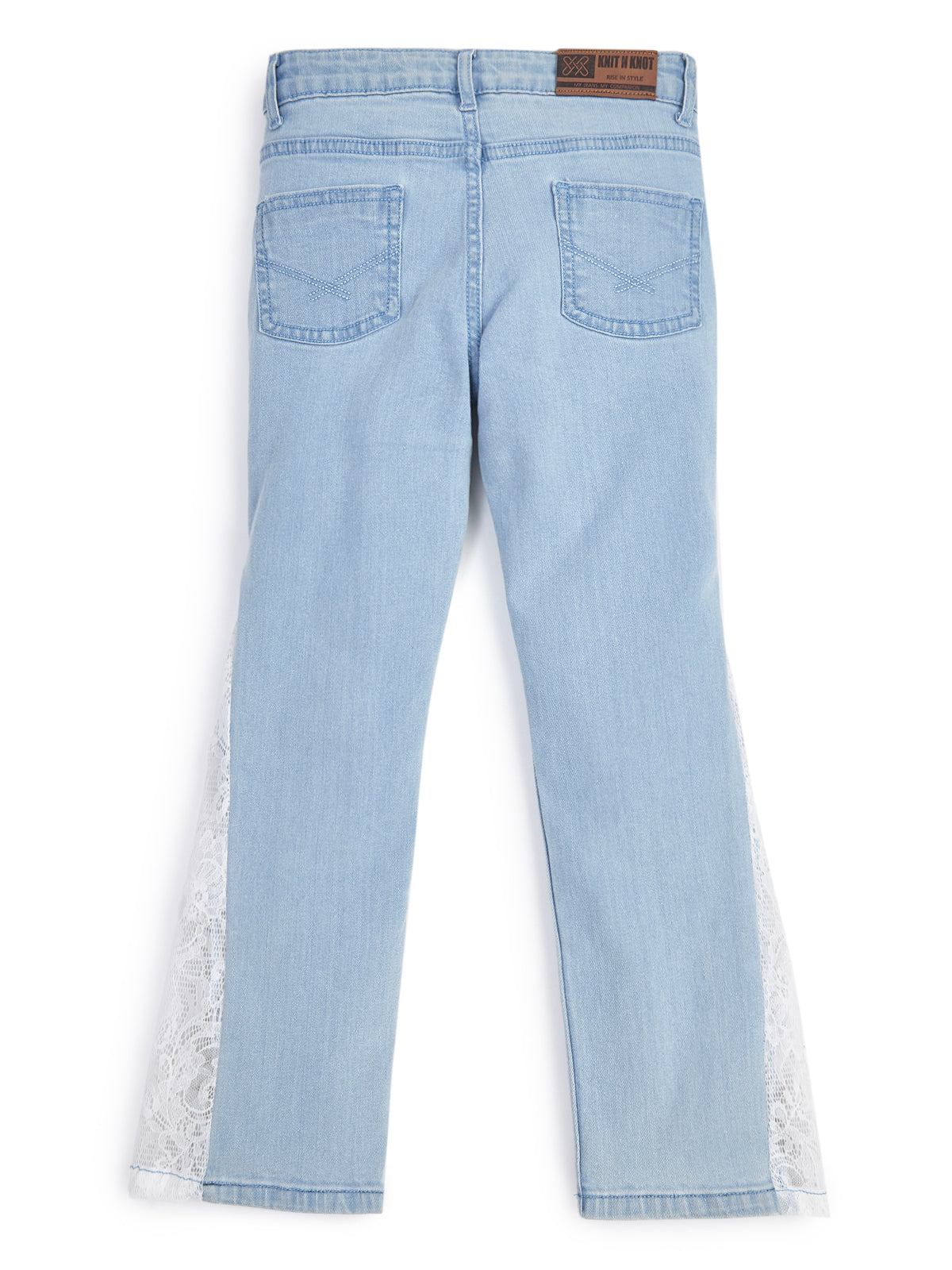 Knit N Knot Girls Bell Bottom Jeans with Lace Panels | Light Blue Flared Denim Jeans for Girls | Stylish Casual Low Waist Wide Leg Jeans for Kids