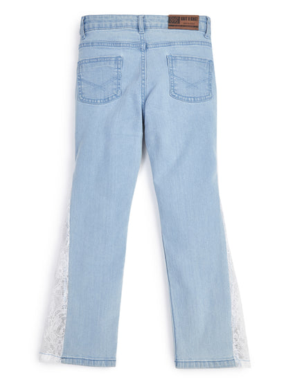 Knit N Knot Girls Bell Bottom Jeans with Lace Panels | Light Blue Flared Denim Jeans for Girls | Stylish Casual Low Waist Wide Leg Jeans for Kids