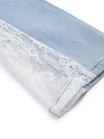 Knit N Knot Girls Bell Bottom Jeans with Lace Panels | Light Blue Flared Denim Jeans for Girls | Stylish Casual Low Waist Wide Leg Jeans for Kids