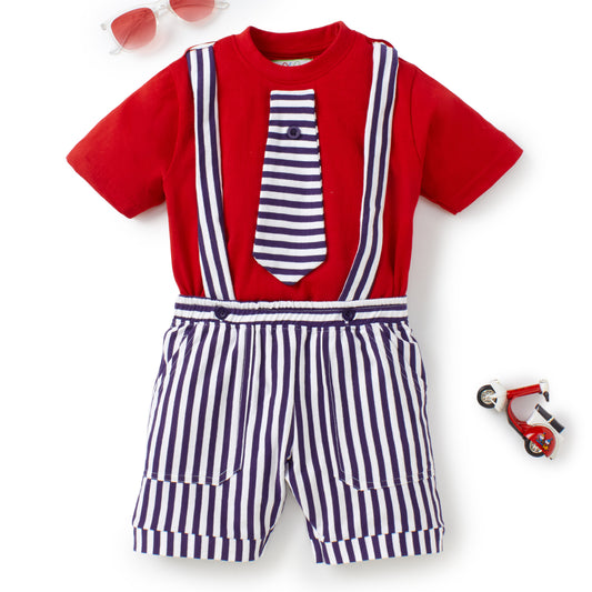 Knit N Knot Boys' Red T-shirt and Shorts with Suspender Combo Set