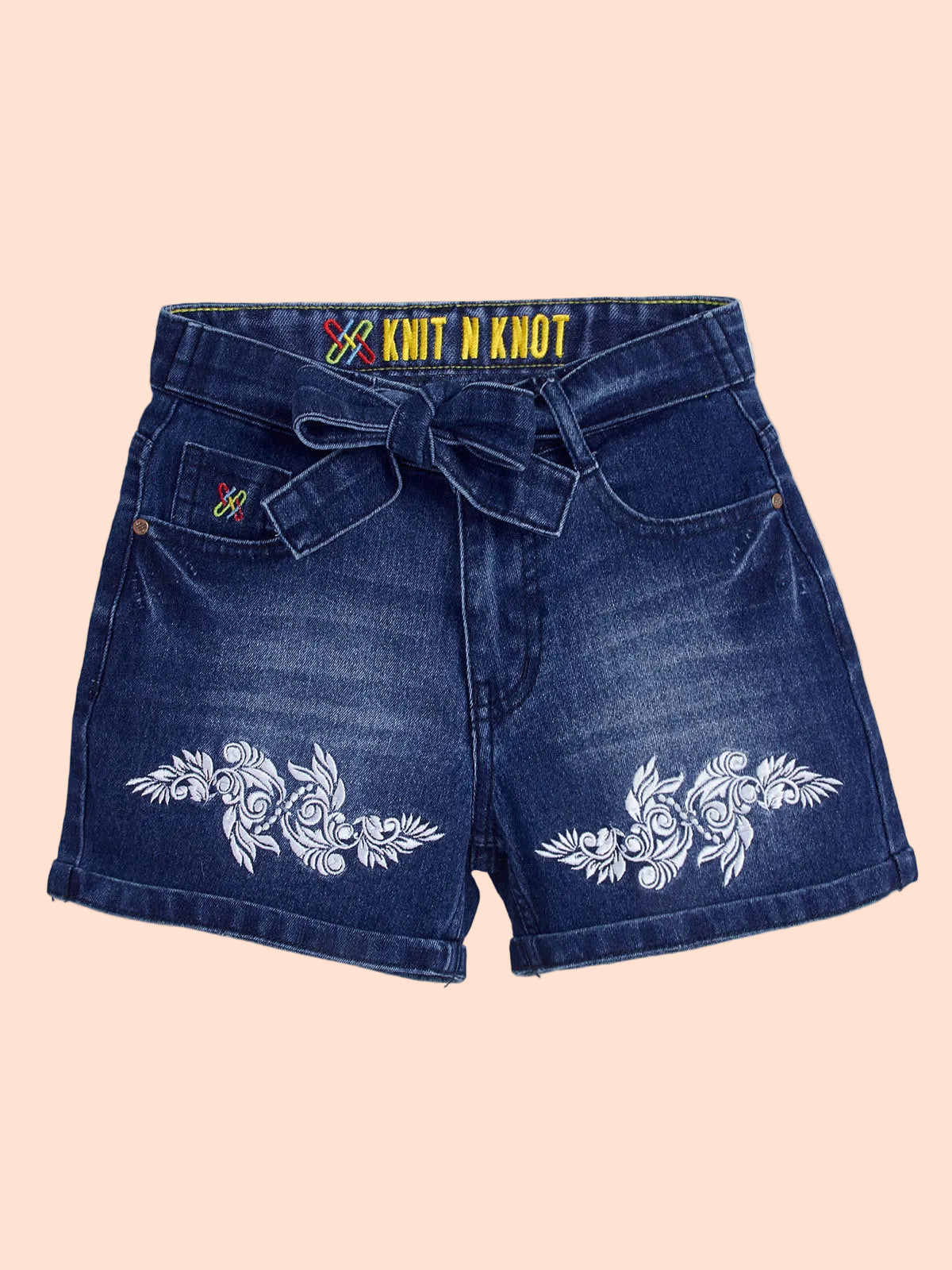 Knit N Knot Girls Blue Faded Embroidered Denim Shorts with Tie-Up Belt & Elastic Waist