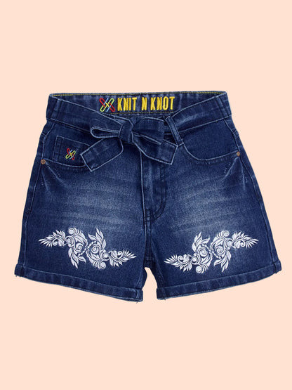Knit N Knot Girls Blue Faded Embroidered Denim Shorts with Tie-Up Belt & Elastic Waist