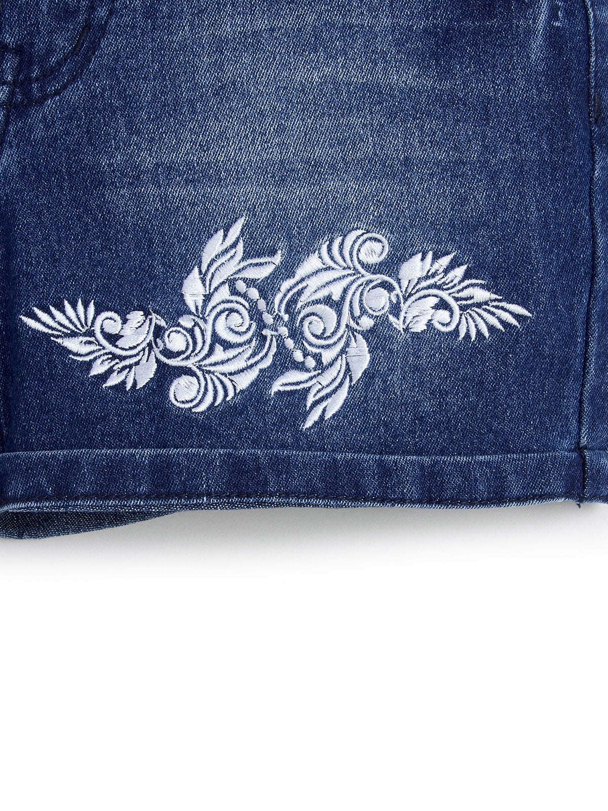 Knit N Knot Girls Blue Faded Embroidered Denim Shorts with Tie-Up Belt & Elastic Waist