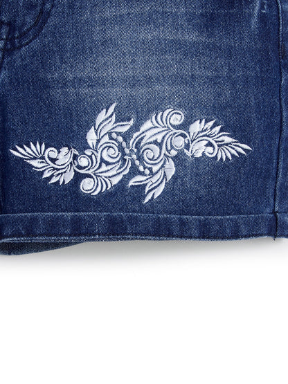 Knit N Knot Girls Blue Faded Embroidered Denim Shorts with Tie-Up Belt & Elastic Waist