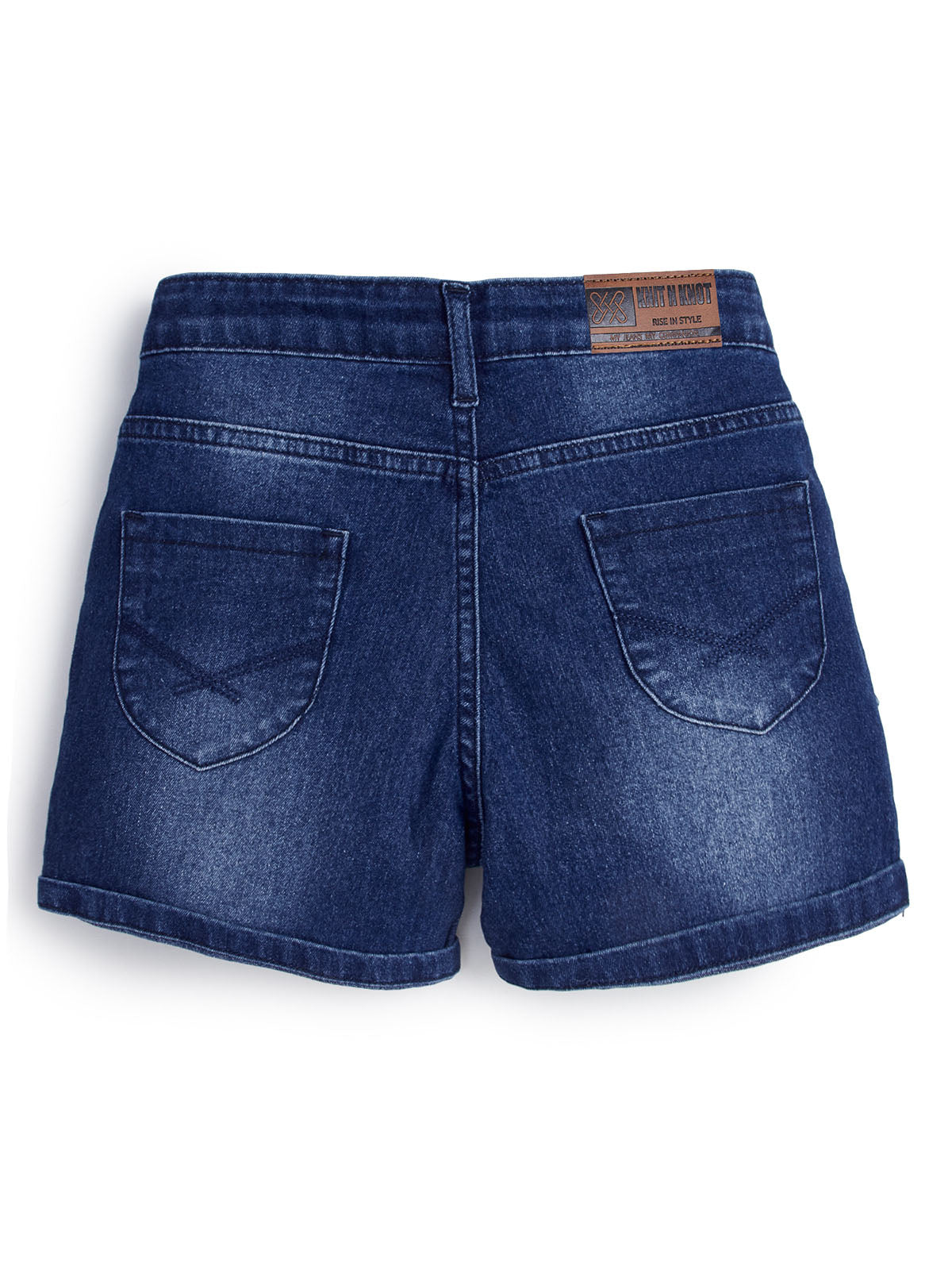 Knit N Knot Girls Blue Faded Embroidered Denim Shorts with Tie-Up Belt & Elastic Waist