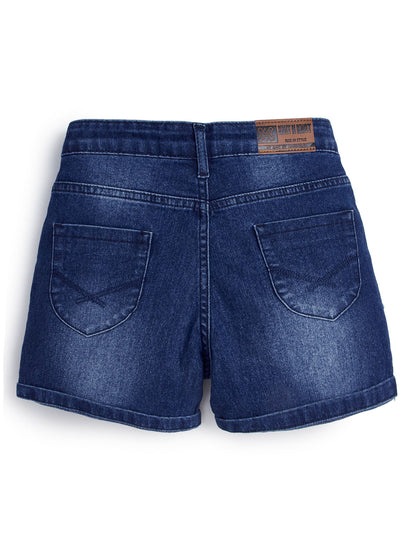 Knit N Knot Girls Blue Faded Embroidered Denim Shorts with Tie-Up Belt & Elastic Waist