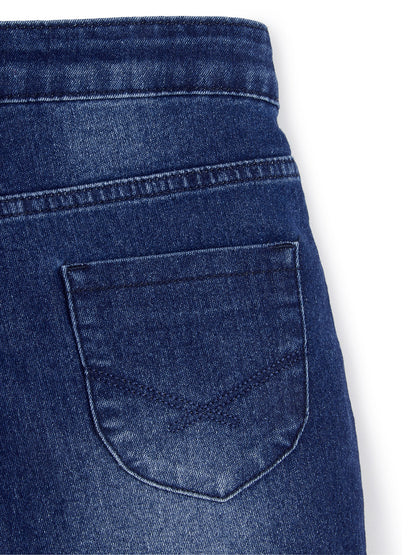 Knit N Knot Girls Blue Faded Embroidered Denim Shorts with Tie-Up Belt & Elastic Waist