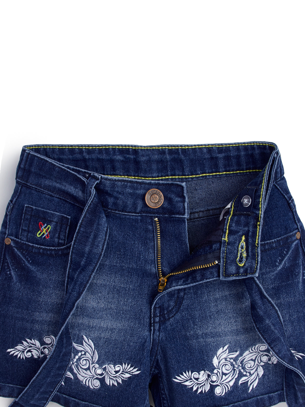 Knit N Knot Girls Blue Faded Embroidered Denim Shorts with Tie-Up Belt & Elastic Waist