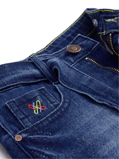 Knit N Knot Girls Blue Faded Embroidered Denim Shorts with Tie-Up Belt & Elastic Waist
