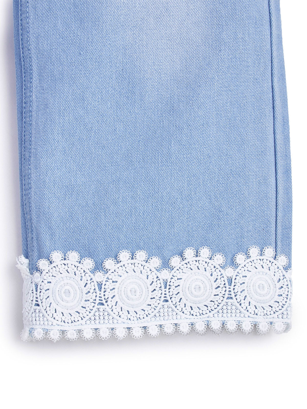 Knit N Knot Girls' Kids Light Blue Wide Leg Flared Fit Relaxed Loose high Rise Jeans with Attached Embroidered Floral Lace Bottom | Casual Festival Occassional wear | Non Stretch |Adjustable Waist