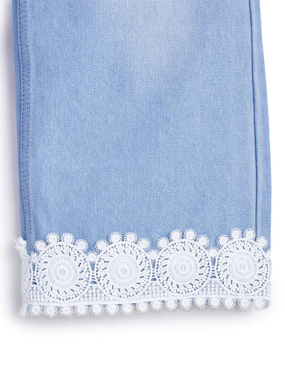 Knit N Knot Girls' Kids Light Blue Wide Leg Flared Fit Relaxed Loose high Rise Jeans with Attached Embroidered Floral Lace Bottom | Casual Festival Occassional wear | Non Stretch |Adjustable Waist