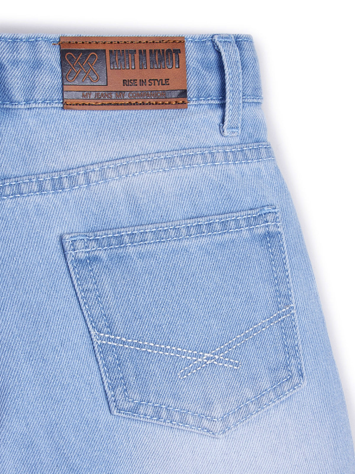Knit N Knot Girls' Kids Light Blue Wide Leg Flared Fit Relaxed Loose high Rise Jeans with Attached Embroidered Floral Lace Bottom | Casual Festival Occassional wear | Non Stretch |Adjustable Waist