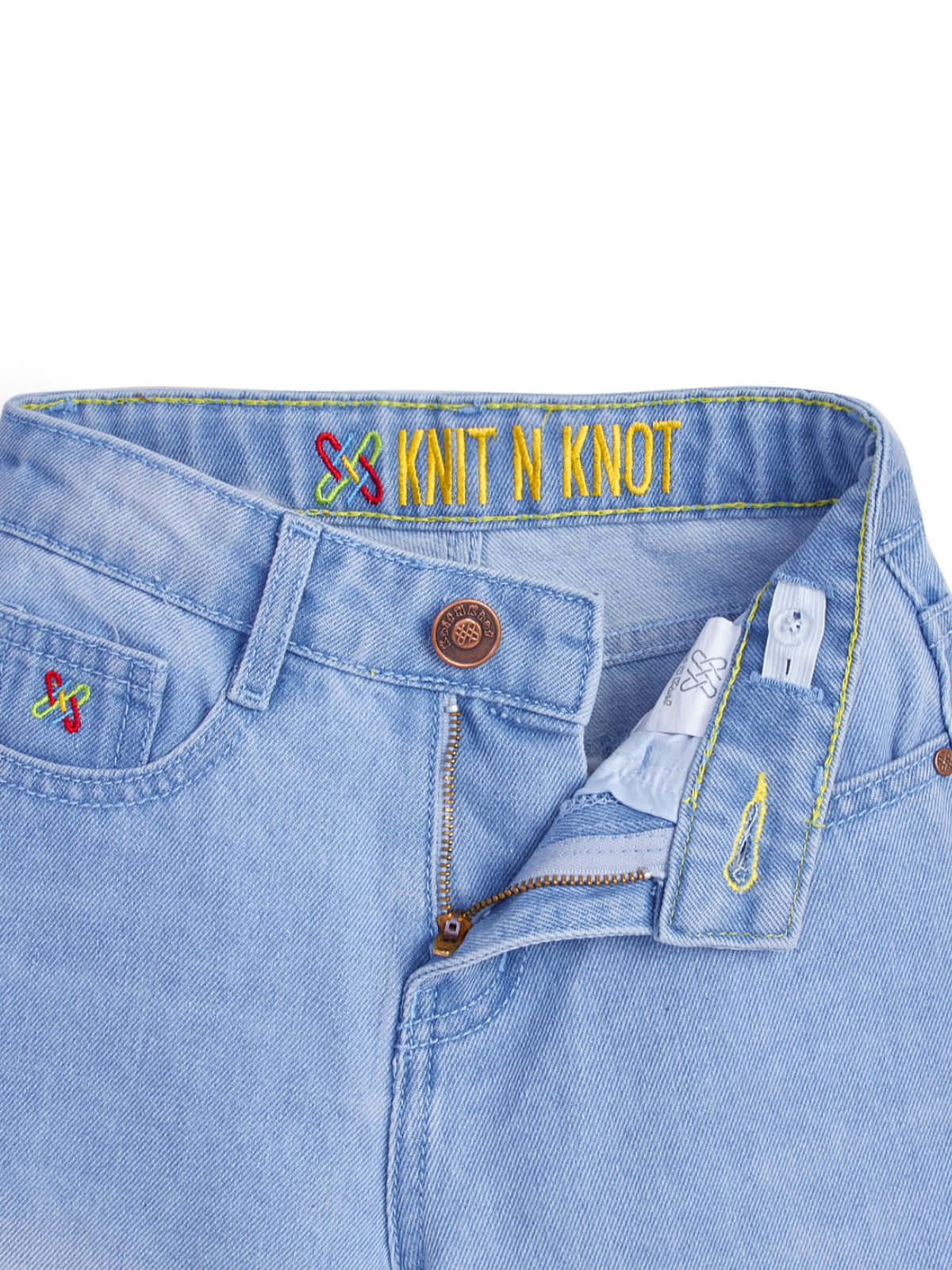 Knit N Knot Girls' Kids Light Blue Wide Leg Flared Fit Relaxed Loose high Rise Jeans with Attached Embroidered Floral Lace Bottom | Casual Festival Occassional wear | Non Stretch |Adjustable Waist