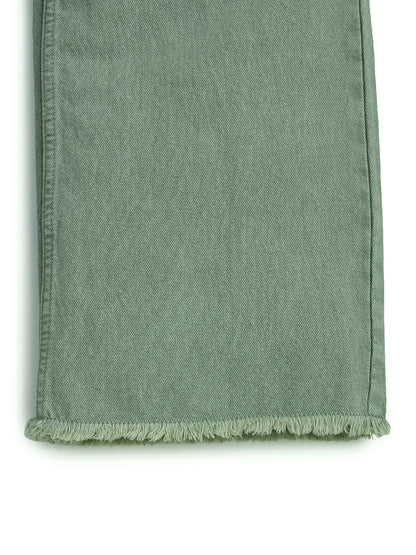 Knit N Knot Girl's Kids Olive Grey Green Wide Leg Flared Fit Relaxed Loose Colour High Waist Frayed Bottom Jeans | Regular Casual Festival Occassional Wear | Non Stretch | Adjustable Waist
