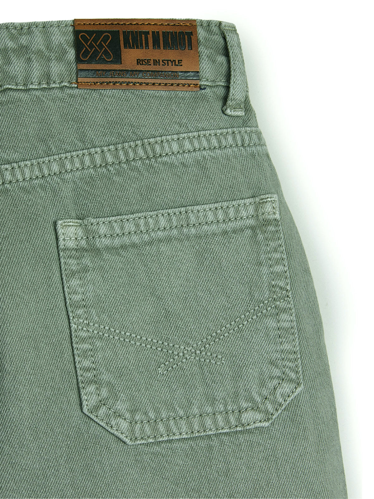 Knit N Knot Girl's Kids Olive Grey Green Wide Leg Flared Fit Relaxed Loose Colour High Waist Frayed Bottom Jeans | Regular Casual Festival Occassional Wear | Non Stretch | Adjustable Waist