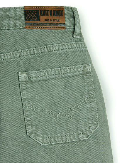 Knit N Knot Girl's Kids Olive Grey Green Wide Leg Flared Fit Relaxed Loose Colour High Waist Frayed Bottom Jeans | Regular Casual Festival Occassional Wear | Non Stretch | Adjustable Waist