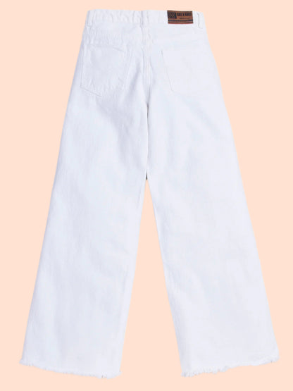 Knit N Knot Girl's Kids Premium White Wide Leg Flared Fit Relaxed Loose Torn Ruptured High Waist Frayed Bottom Jeans | Regular Casual Festival Occassional Wear | Non Stretch | Adjustable Waist