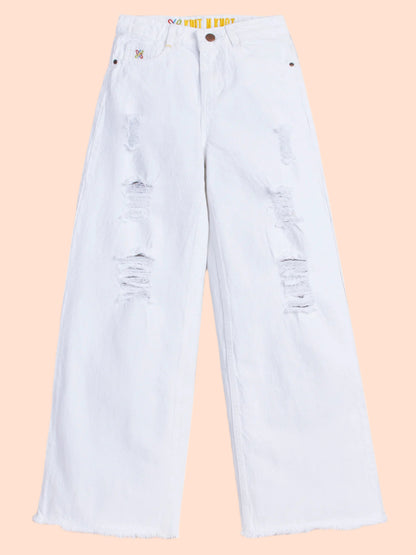 Knit N Knot Girl's Kids Premium White Wide Leg Flared Fit Relaxed Loose Torn Ruptured High Waist Frayed Bottom Jeans | Regular Casual Festival Occassional Wear | Non Stretch | Adjustable Waist