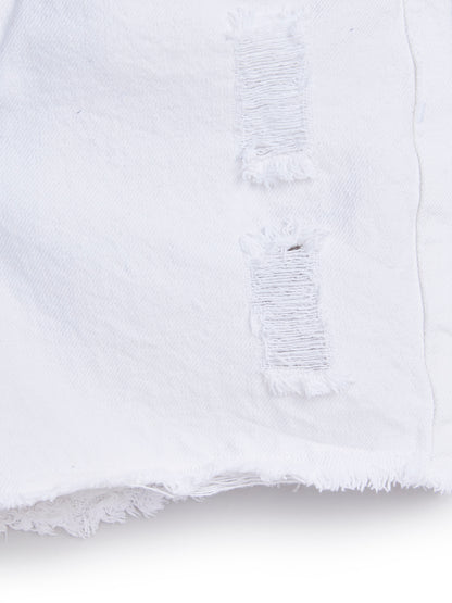 Knit N Knot White Distressed Open Fringe Shorts for Girls