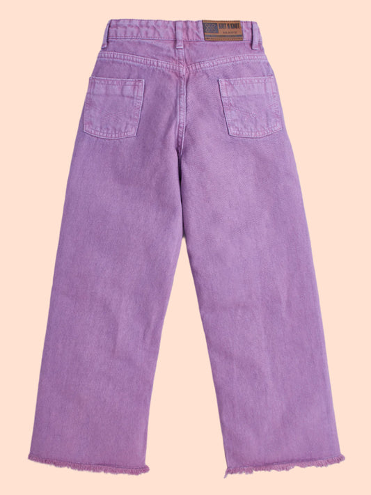 Knit N Knot Girl's Kids Lavender Light Purple Wide Leg Flared Fit Relaxed Loose Colour High Waist Frayed Bottom Jeans | Regular Casual Festival Occassional Wear | Non Stretch | Adjustable Waist