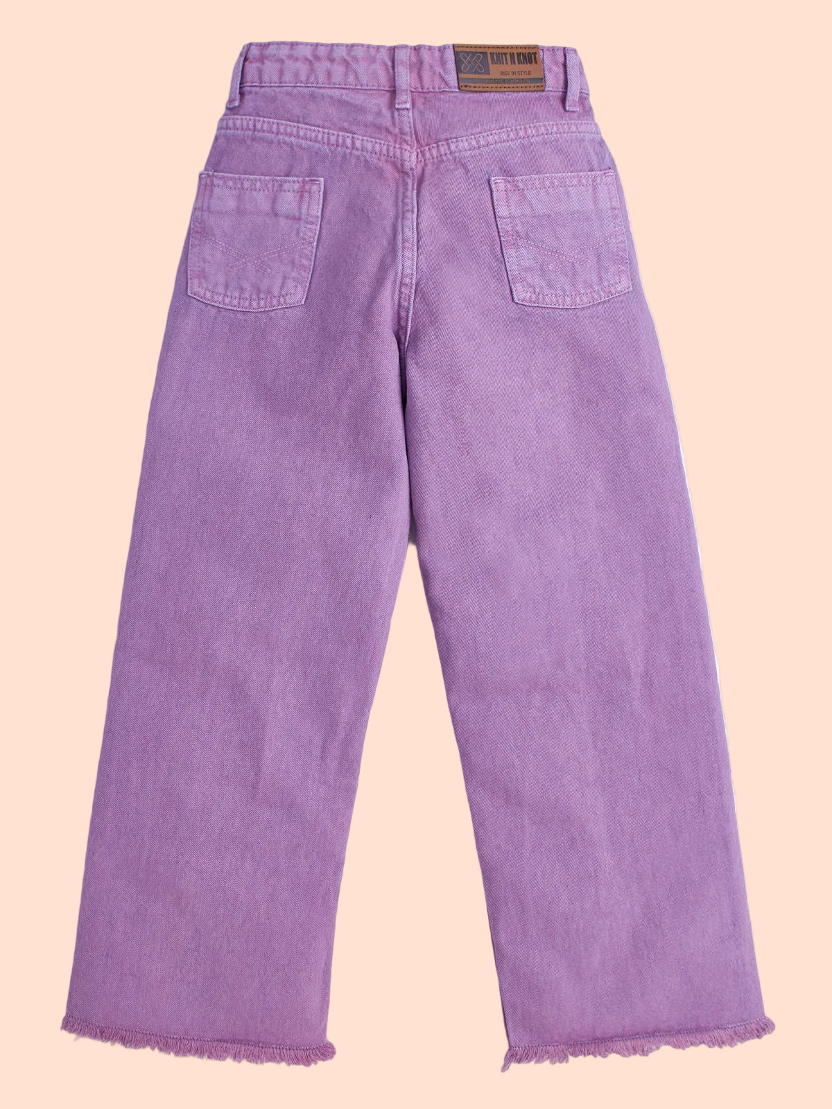 Knit N Knot Girl's Wide Flared Fit, High Waist Frayed Bottom Lavender/ Purple Jeans