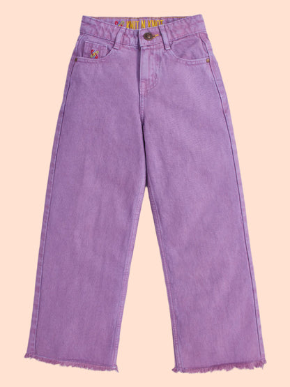 Knit N Knot Girl's Kids Lavender Light Purple Wide Leg Flared Fit Relaxed Loose Colour High Waist Frayed Bottom Jeans | Regular Casual Festival Occassional Wear | Non Stretch | Adjustable Waist