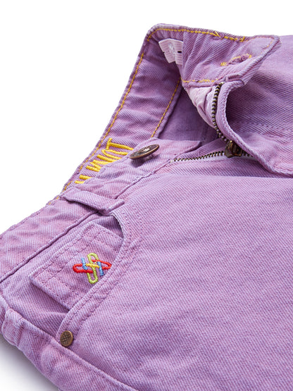 Knit N Knot Girl's Kids Lavender Light Purple Wide Leg Flared Fit Relaxed Loose Colour High Waist Frayed Bottom Jeans | Regular Casual Festival Occassional Wear | Non Stretch | Adjustable Waist