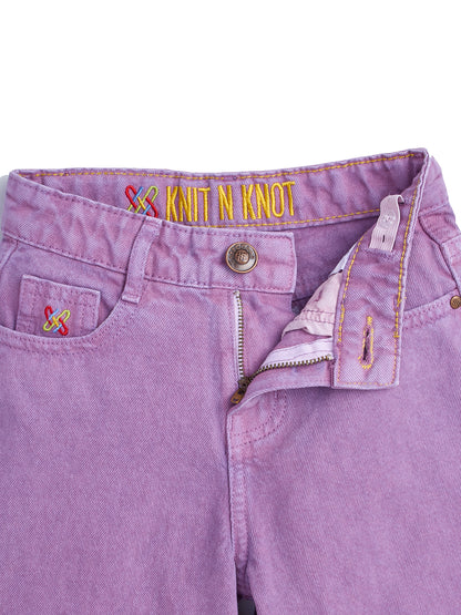 Knit N Knot Girl's Kids Lavender Light Purple Wide Leg Flared Fit Relaxed Loose Colour High Waist Frayed Bottom Jeans | Regular Casual Festival Occassional Wear | Non Stretch | Adjustable Waist