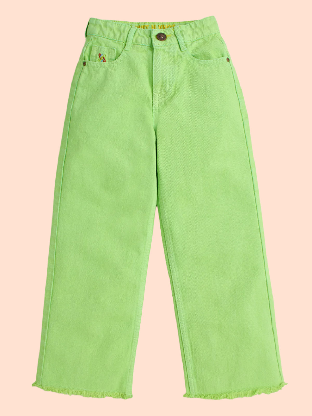 Knit N Knot Girl's Kids Lime Fresh Green Wide Leg Flared Fit Relaxed Loose Colour High Waist Frayed Bottom Jeans | Regular Casual Festival Occassional Wear | Non Stretch | Adjustable Waist