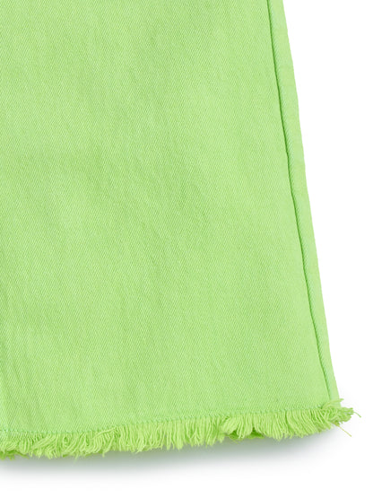 Knit N Knot Girl's Kids Lime Fresh Green Wide Leg Flared Fit Relaxed Loose Colour High Waist Frayed Bottom Jeans | Regular Casual Festival Occassional Wear | Non Stretch | Adjustable Waist