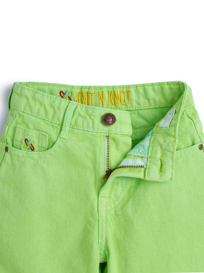Knit N Knot Girl's Kids Lime Fresh Green Wide Leg Flared Fit Relaxed Loose Colour High Waist Frayed Bottom Jeans | Regular Casual Festival Occassional Wear | Non Stretch | Adjustable Waist
