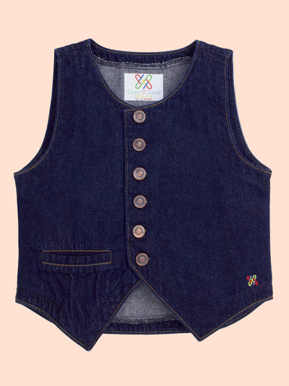 Knit N Knot Girls' Indigo Cotton Denim Waistcoat Style Sleeveless Denim Top with Front Buttons