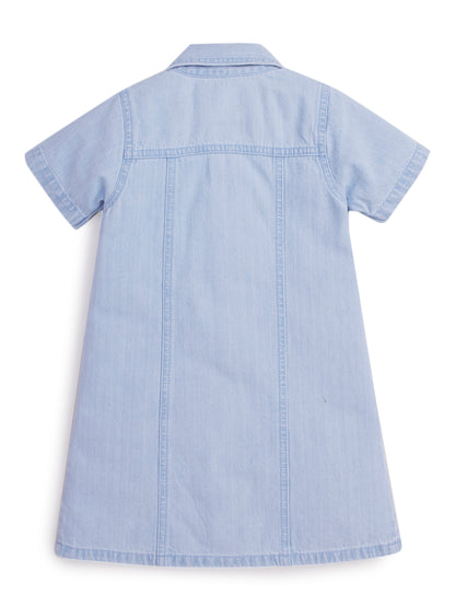 Knit N Knot Girls' Denim Shirt Dress with Front Pockets | Light Blue Casual A-Line Full Button Down Dress | Soft Cotton Jeans Stretch Fabric | Kids Summer Western Outfit