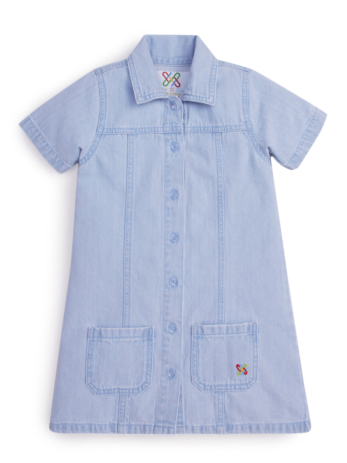 Knit N Knot Girls' Denim Shirt Dress with Front Pockets | Light Blue Casual A-Line Full Button Down Dress | Soft Cotton Jeans Stretch Fabric | Kids Summer Western Outfit