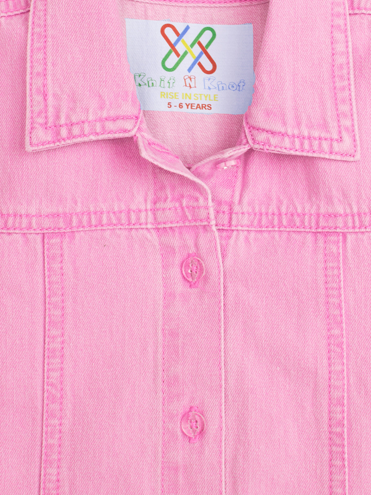 Knit N Knot Girls' Pink Denim Shirt Dress with Front Buttons & Stitch Detailing – Cotton Dress for Girls