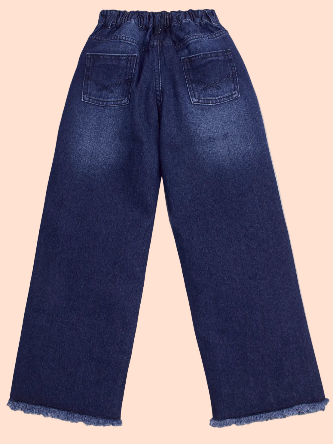 Knit N Knot Girl's Kids Raw Indigo Blue Washed Wide Leg Flared Fit Relaxed High Waist Frayed Bottom Jeans