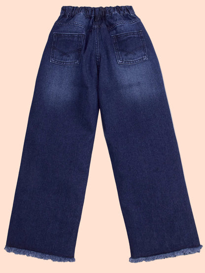 Knit N Knot Girl's Kids Raw Indigo Blue Washed Wide Leg Flared Fit Relaxed High Waist Frayed Bottom Jeans
