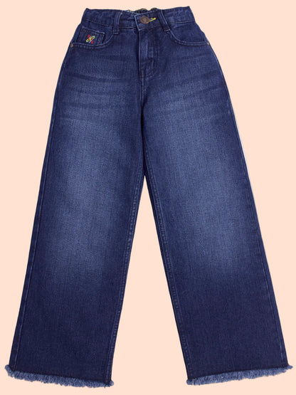 Knit N Knot Girl's Kids Raw Indigo Blue Washed Wide Leg Flared Fit Relaxed High Waist Frayed Bottom Jeans