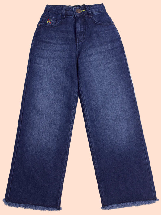 Knit N Knot Girl's Kids Raw Indigo Blue Washed Wide Leg Flared Fit Relaxed High Waist Frayed Bottom Jeans