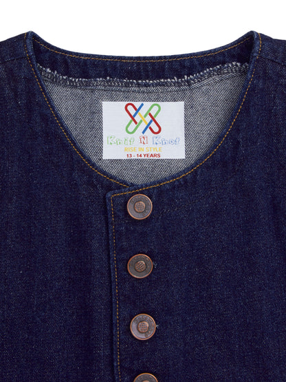 Knit N Knot Girls' Indigo Cotton Denim Waistcoat Style Sleeveless Denim Top with Front Buttons
