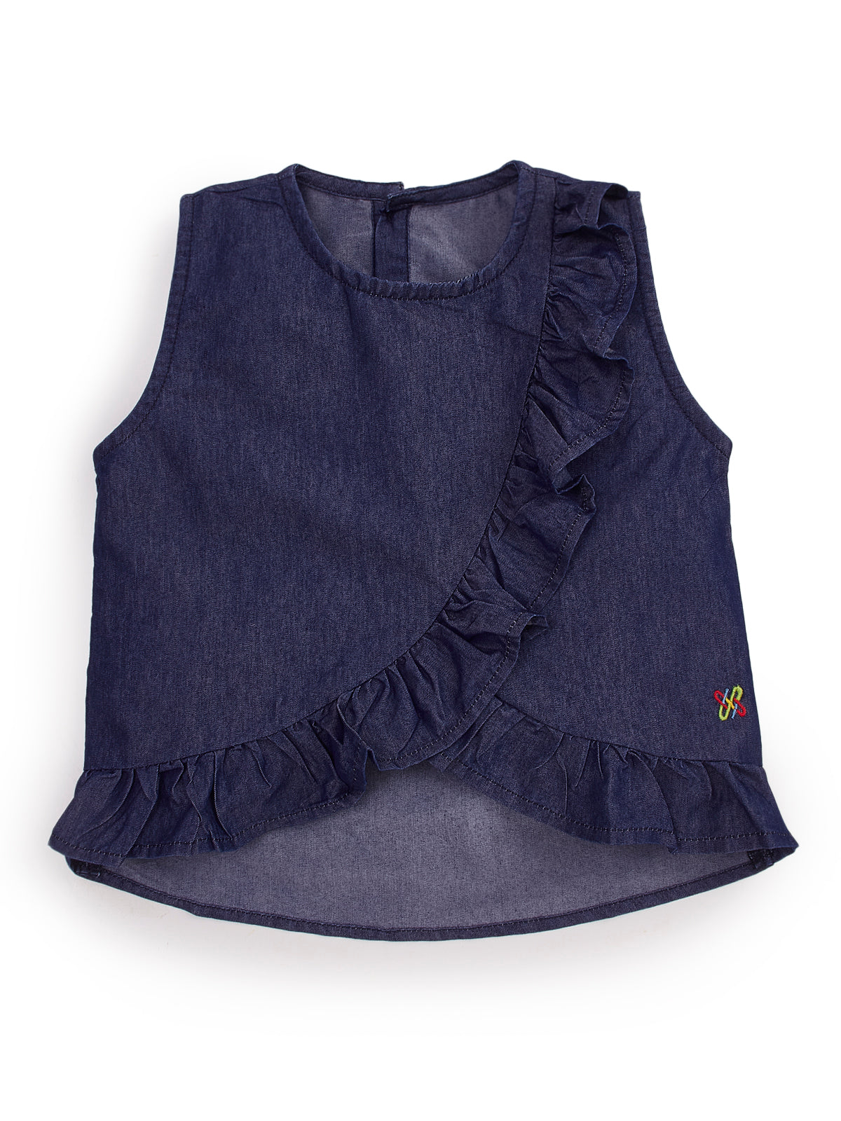 Knit N Knot Girls' Sleeveless Stylish Indigo Denim Ruffle Crop Top