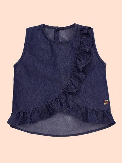 Knit N Knot Girls' Indigo Denim Co-ord Set with Ruffled Top & Palazzo
