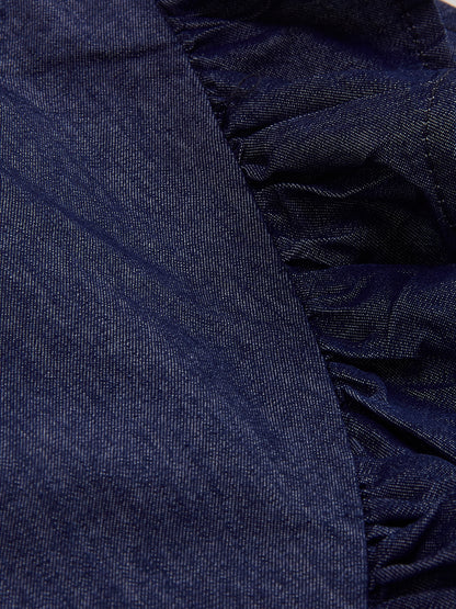 Knit N Knot Girls' Sleeveless Stylish Indigo Denim Ruffle Crop Top