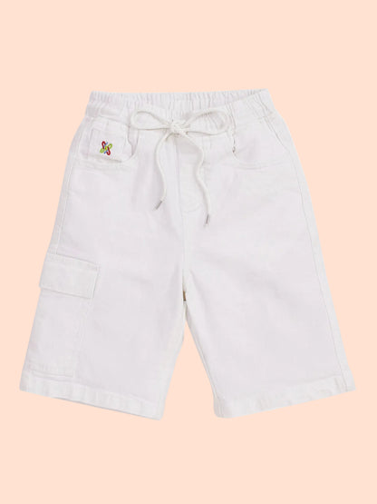 Knit N Knot Boys Solid Denim Cargo Shorts, White Stretch Denim Shorts Knee Length, Summer Cotton Casuals, Elastic with Drawstring, Kids Comfortable Fashion Wear