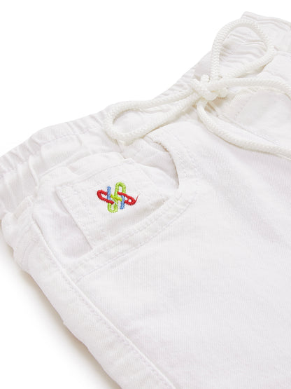Knit N Knot Boys Solid Denim Cargo Shorts, White Stretch Denim Shorts Knee Length, Summer Cotton Casuals, Elastic with Drawstring, Kids Comfortable Fashion Wear