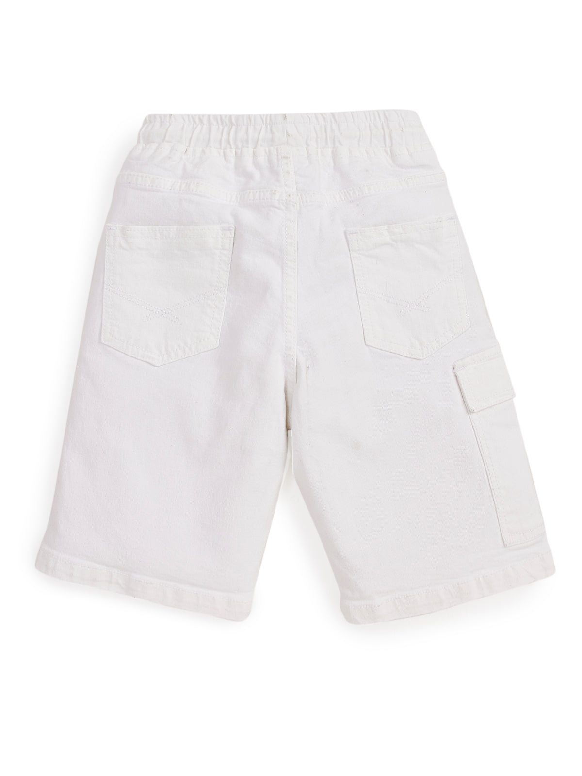 Knit N Knot Boys Solid Denim Cargo Shorts, White Stretch Denim Shorts Knee Length, Summer Cotton Casuals, Elastic with Drawstring, Kids Comfortable Fashion Wear