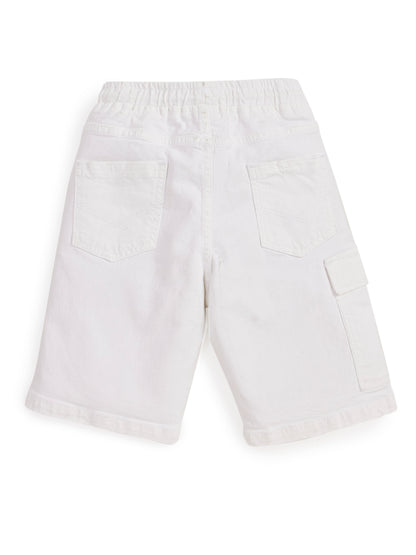 Knit N Knot Boys Solid Denim Cargo Shorts, White Stretch Denim Shorts Knee Length, Summer Cotton Casuals, Elastic with Drawstring, Kids Comfortable Fashion Wear